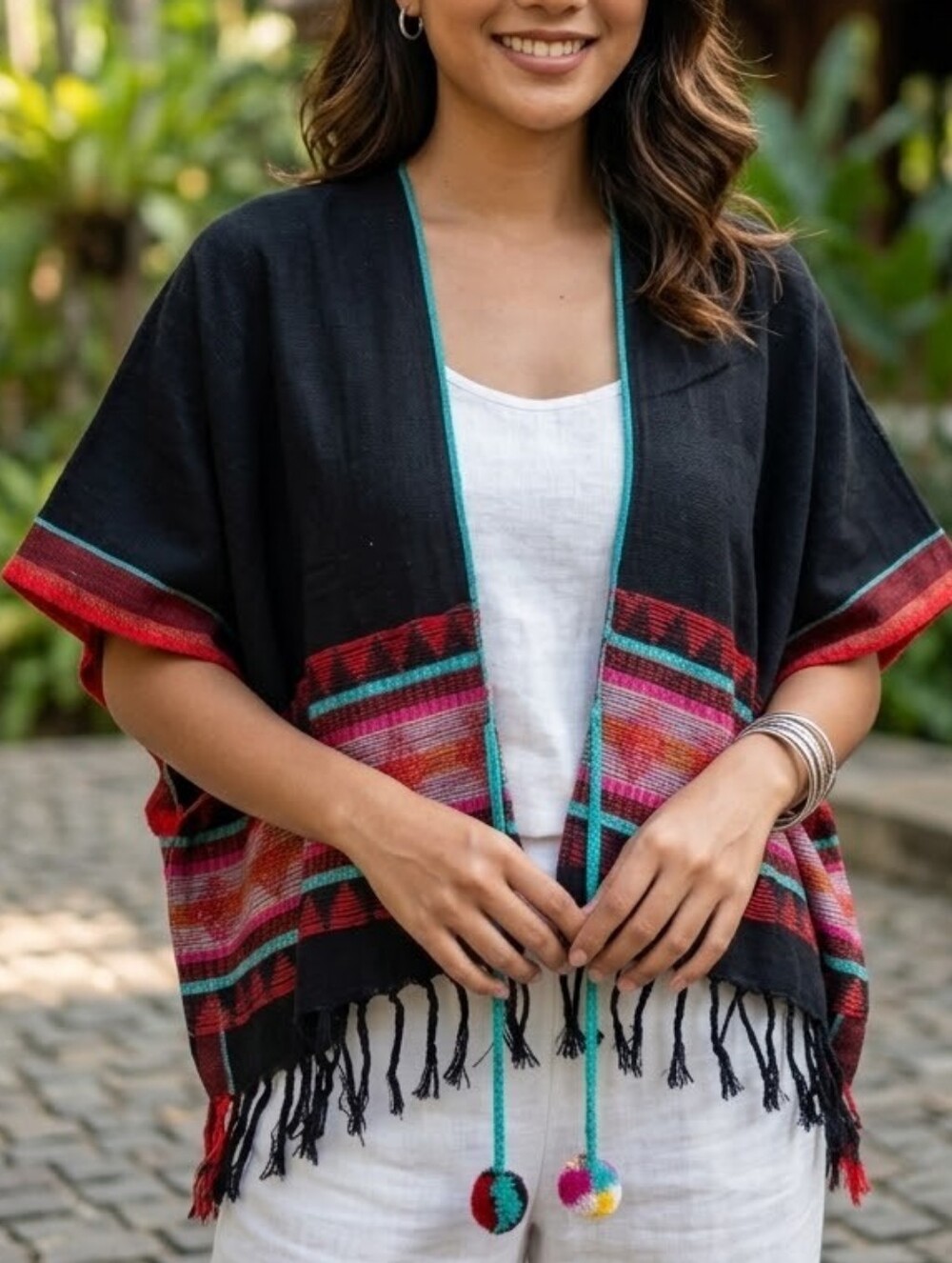 Noonday Collection Boho Tribal Print Fringe Kimono Wrap with Pom-Pom Ties